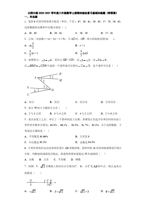 北师大版2020-2021学年度八年级数学上册期末综合复习基础训练题(附答案)