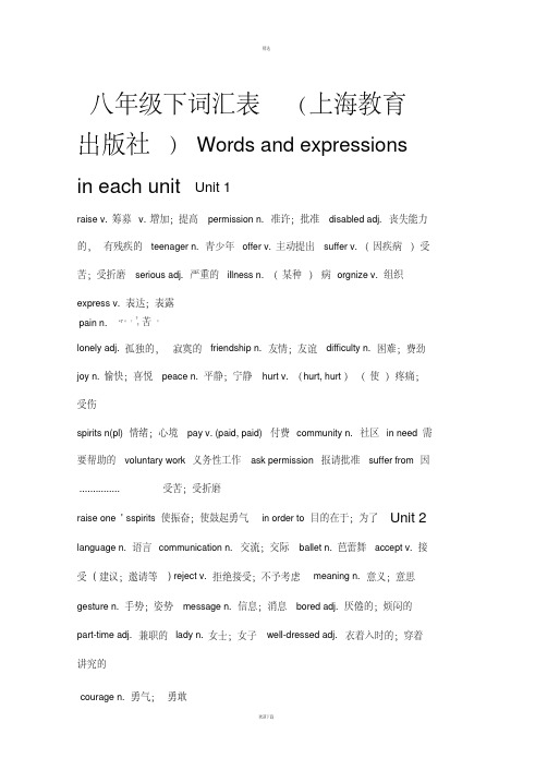 沪教版八年级下册词汇表
