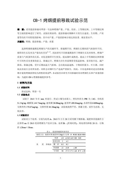 CB-1烤烟提前移栽试验示范
