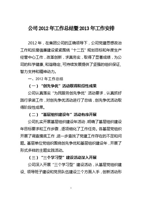 公司2012年工作总结暨2013年工作安排