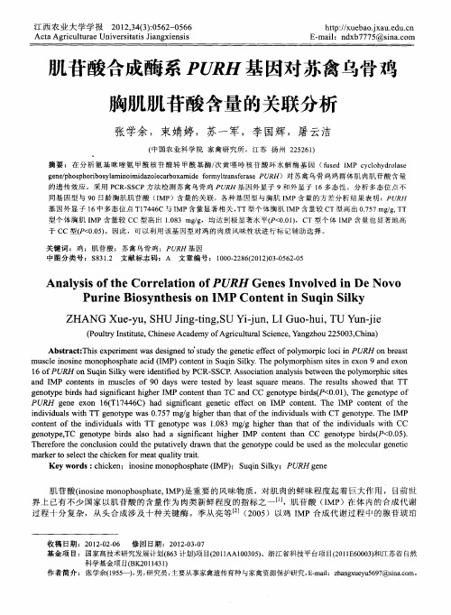 肌苷酸合成酶系PURH基因对苏禽乌骨鸡胸肌肌苷酸含量的关联分析