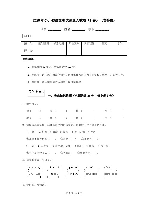 2020年小升初语文考试试题人教版(I卷) (含答案)
