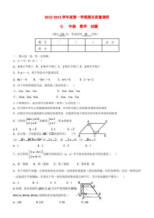 山东省东营市胜利油田34中2012-2013学年七年级数学上学期期末考试试题