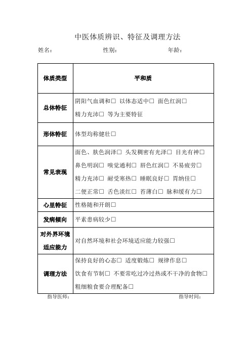 慢病管理、中医管理、中医体质辨识表