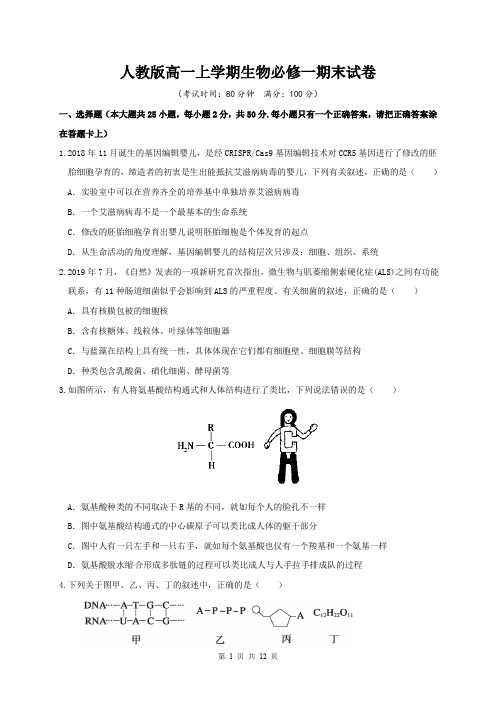 人教版高一上学期生物必修一期末试卷(含答案)