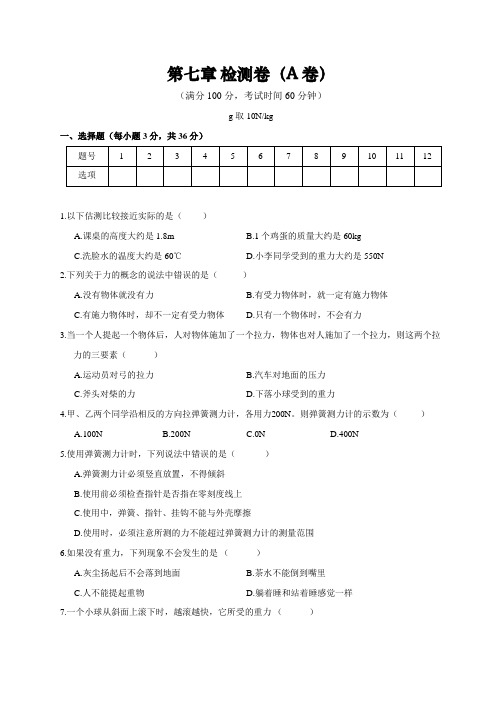 2019-2020学年第二学期人教版八年级物理第七章  力  检测试卷  (word版无答案)