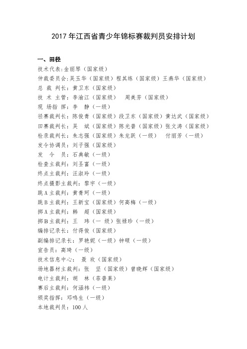 2017年江西青少年锦标赛裁判员安排计划