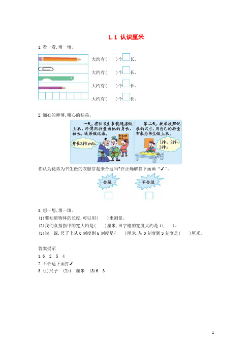 桂东县实验小学二年级数学上册第一单元认识厘米和米1.1认识厘米一课一练版9