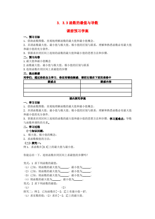 高中数学(教案+课内预习学案+课内探究学案+课后练习与提高)3.3.3函数的最值与导数 新人教A版选修1-1