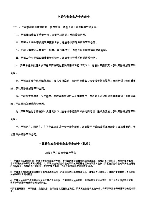 中石化安全生产十大禁令详细