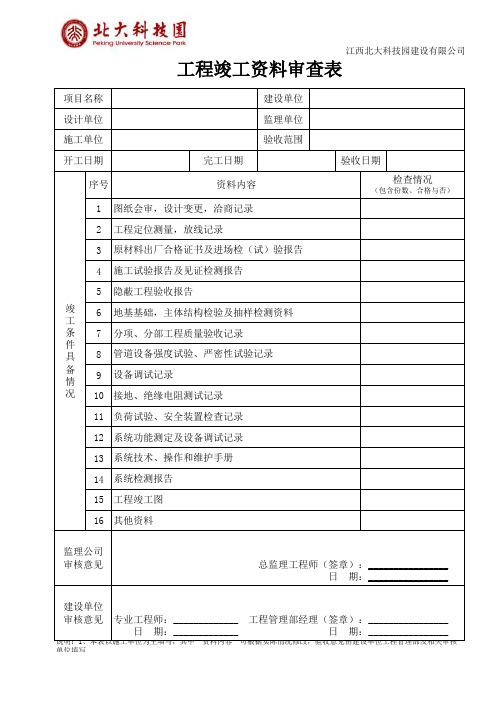 工程竣工资料审查表
