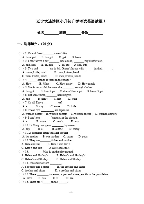 2018辽宁大连沙区小升初升学考试英语试题1