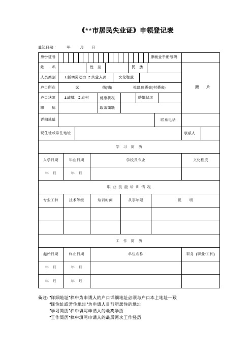《XX市居民失业证》申领登记表【模板】