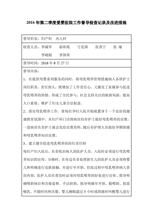 2016年第二季度爱婴医院工作督导检查记录及改进措施