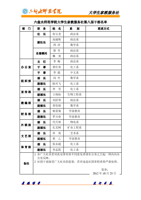 六盘水师范学院大学生家教服务社第8届人员组成名单