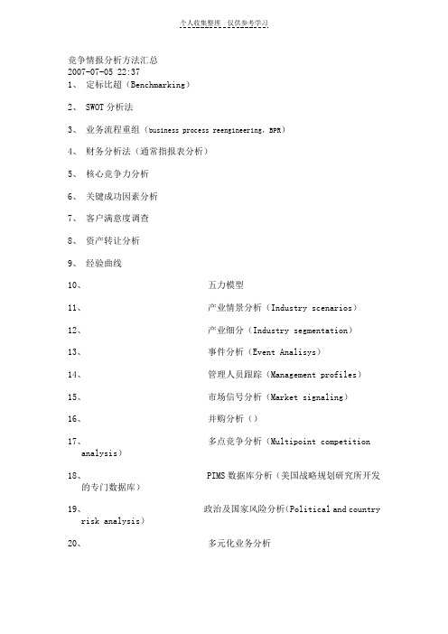 竞争情报分析方法汇总