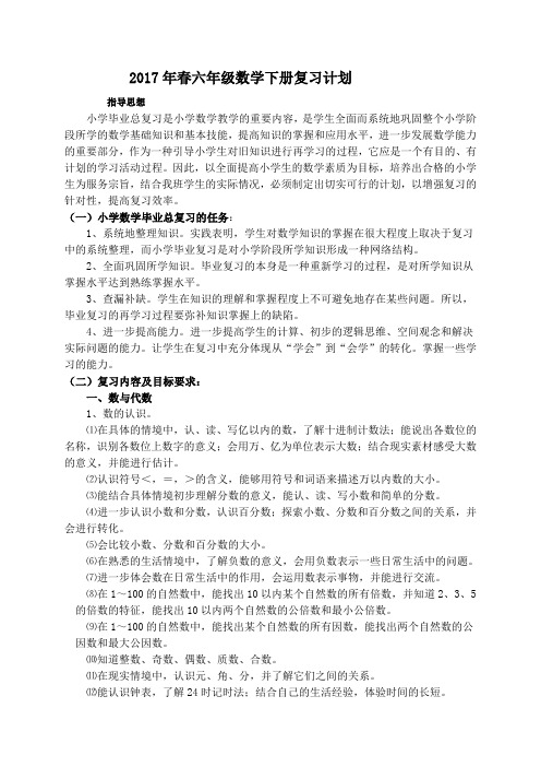 2017年春六年级数学总复习计划