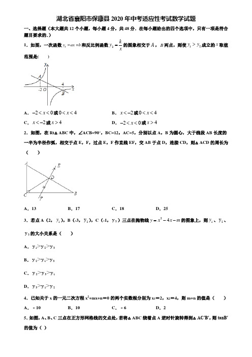 【附20套中考模拟试题】湖北省襄阳市保康县2020年中考适应性考试数学试题含解析