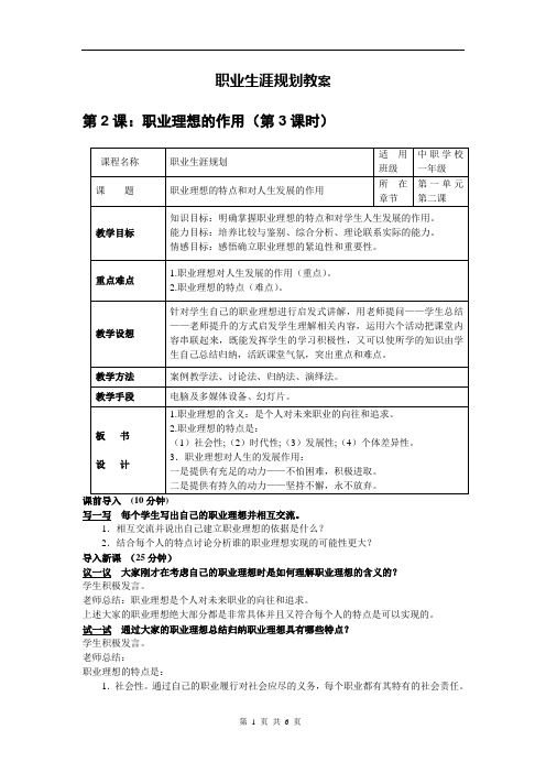 2020职业生涯规划(高教版)教案：第2课+职业理想的作用