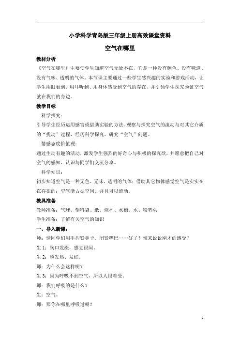 小学科学青岛版三年级上册高效课堂资料20空气在哪里