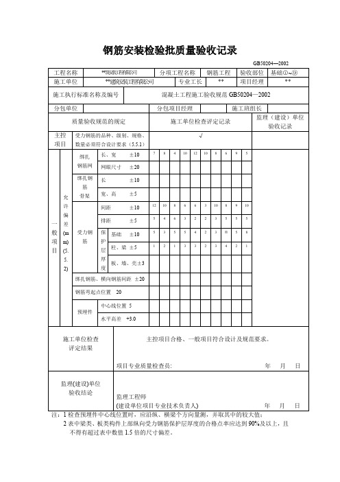 钢筋安装检验批质量验收记录