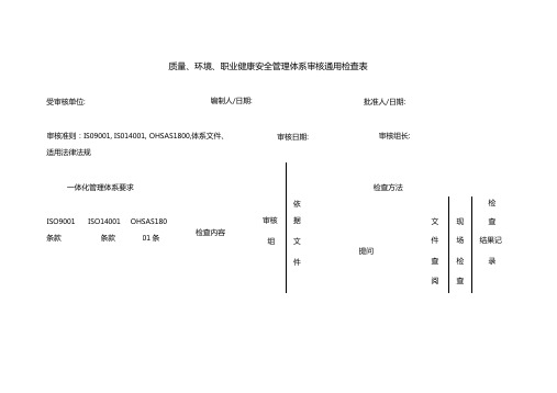 质量环境职业健康安全管理体系审核通用检查表