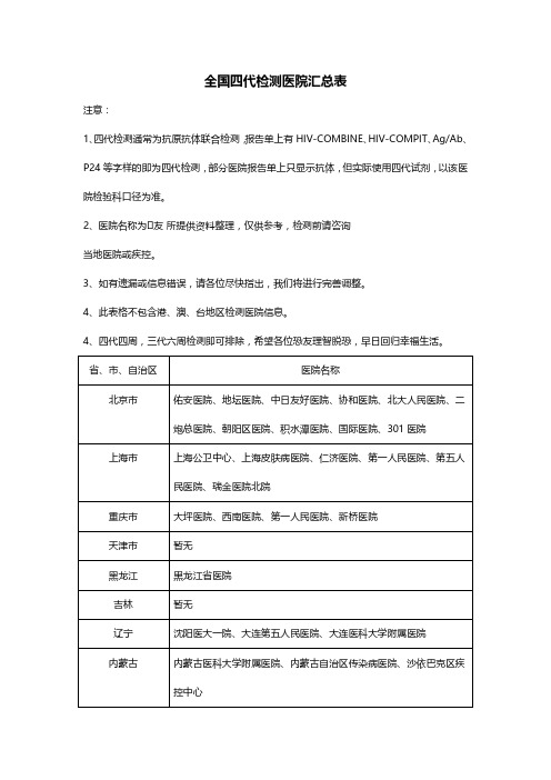 艾滋检测转PDF全国四代检测医院汇总表