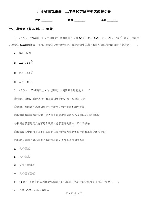 广东省阳江市高一上学期化学期中考试试卷C卷(新版)