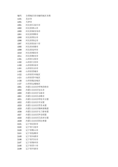 全国地区省市编码地区名称编码