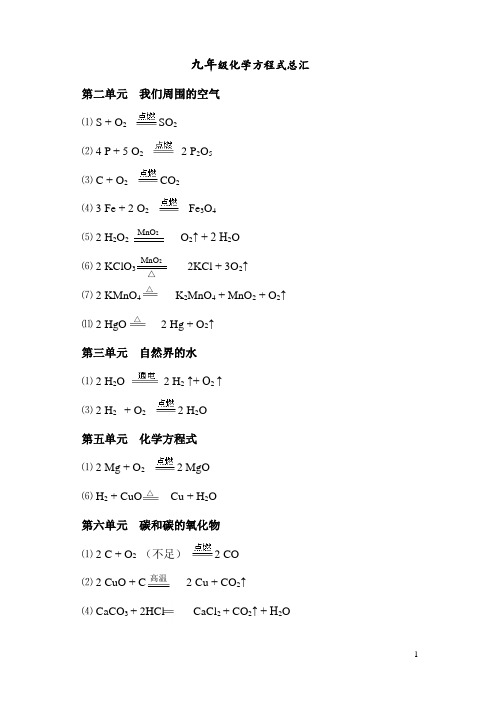 九年级人教版化学化学方程式汇总
