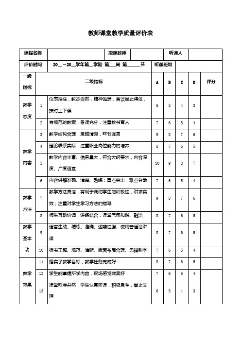 教师课堂教学质量评价表