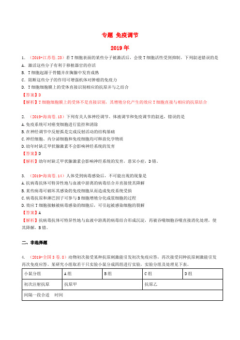 2019-2017年3年高考生物试题分类汇编带答案解析专题 免疫调节