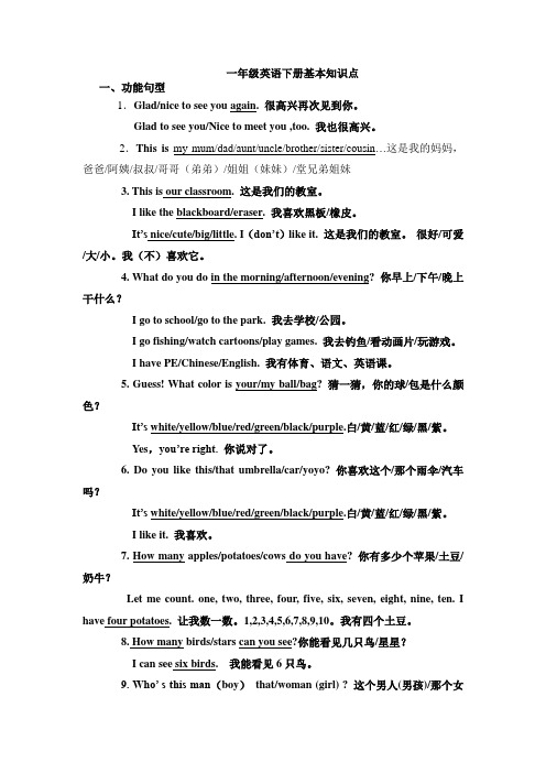 北京版一年级下册英语知识点总结(功能句型+词汇)