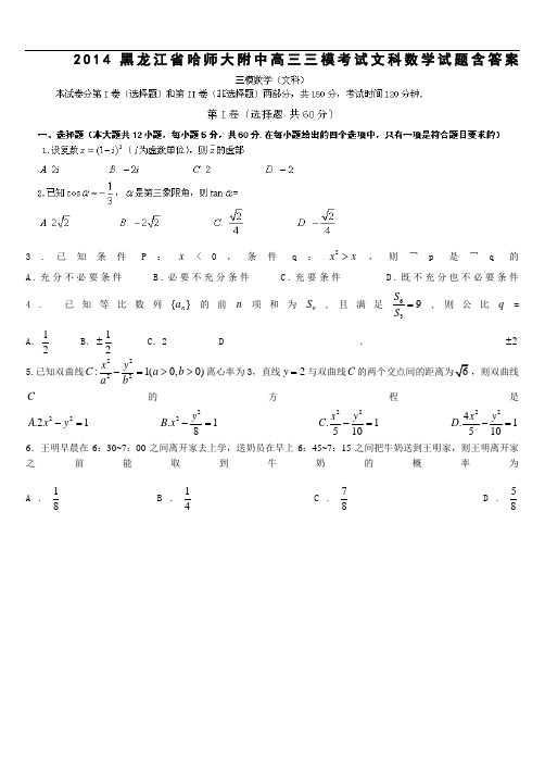 2014黑龙江省哈师大附中高三三模考试文科数学试题含答案
