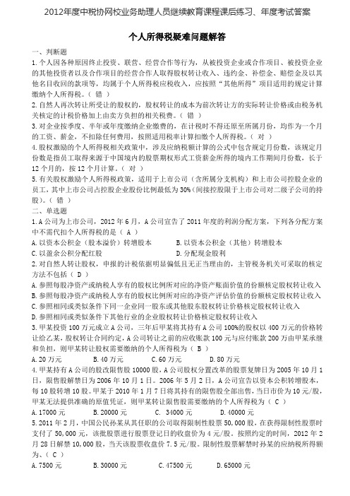 2012年度中税协网校业务助理人员继续教育课程课后练习、年度考试答案
