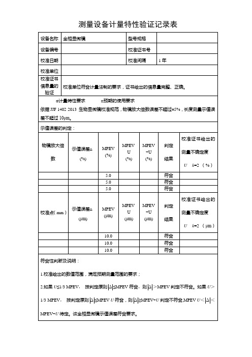 金相显微镜计量特性验证记录