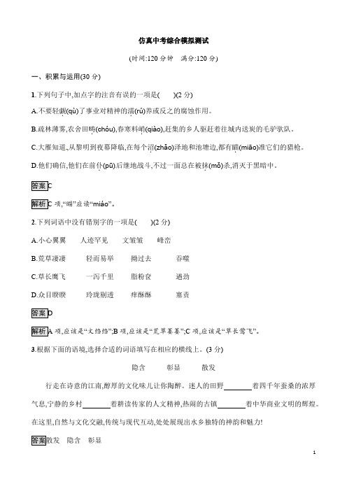 (名师整理)最新部编人教版语文冲刺中考仿真模拟检测试题(含答案)