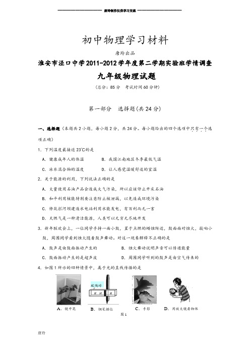 苏科版九年级物理下册-第二学期实验班学情调查.doc