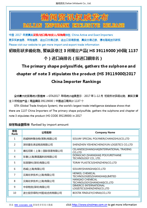 初级形状多硫化物、聚砜及章注3所规定产品(HS 39119000)2017 中国(1137个)进口商排名(按进口额排名)