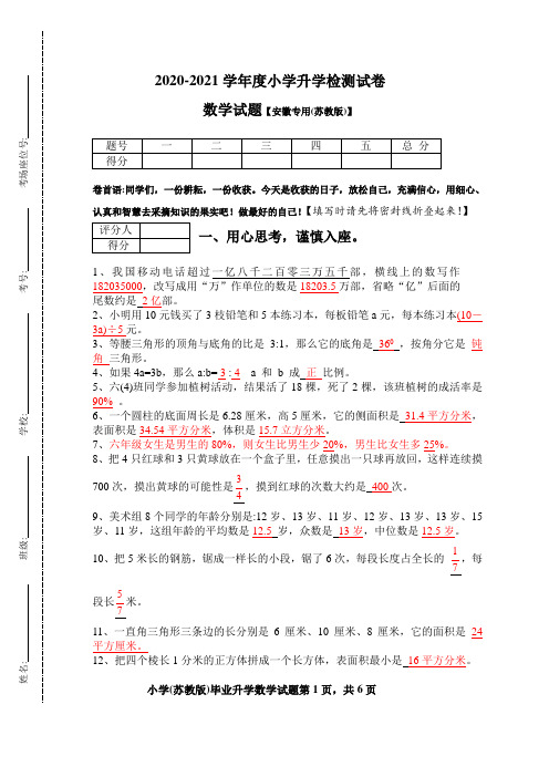新苏教版小学数学毕业模拟试卷及答案