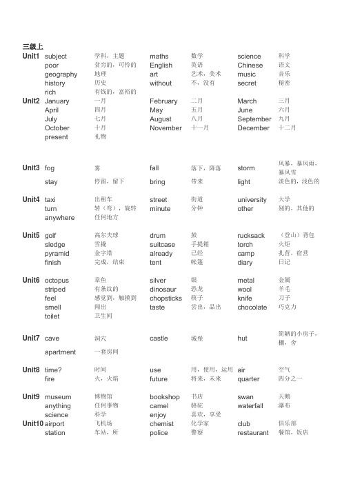 剑桥少儿英语三级词汇表