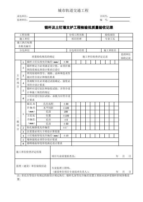城市轨道交通工程锚杆及土钉墙支护工程检验批质量验收记录