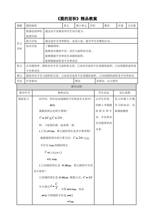 苏教版小学五年级数学下册《圆的面积》精品教案