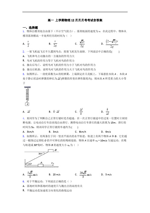 高一 上学期物理12月月月考考试含答案