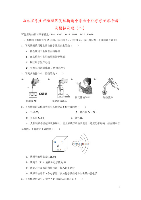 山东省枣庄市峄城区吴林街道中学初中化学学业水平考试模拟试题(二)