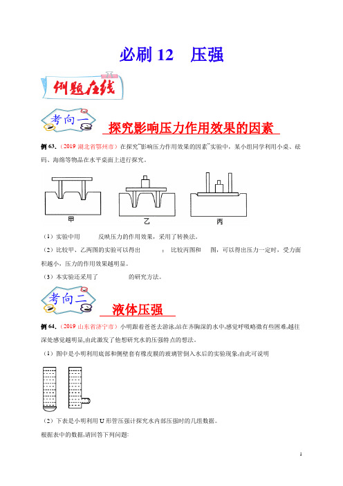 必刷12  压强-备战2020年中考物理必刷实验题100例(原卷版)