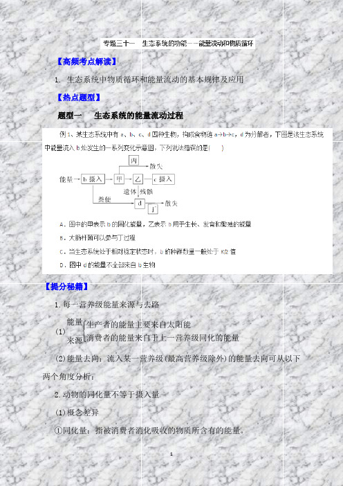 高考生物热点冲刺：专题31生态系统的功能--能量流动和物质循环(学生版)