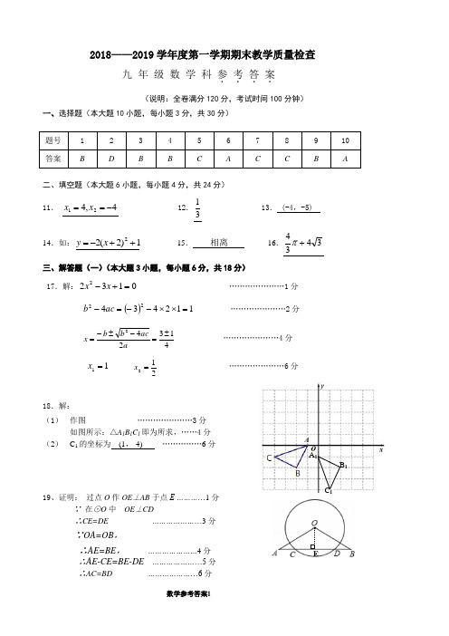 2018-2019期末九年级数学参考答案