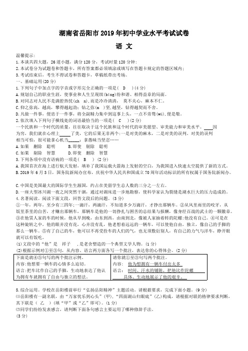 湖南省岳阳市2019年中考语文试题含答案