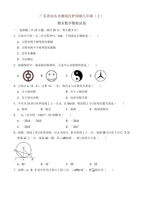 2019年汕头市潮南区胪岗镇九年级上册期末模拟试题(有答案)-(数学)